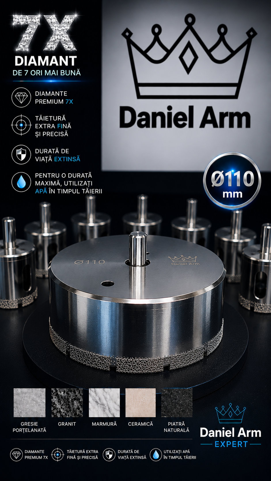 Carotă Diamantată Brazată 110 mm  pentru autofiletanta Daniel Arm