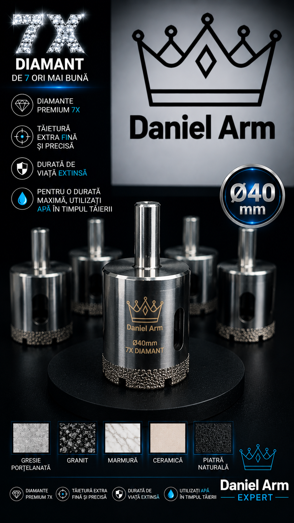 Carotă Diamantată Brazată 40 mm pentru autofiletanta  Daniel Arm