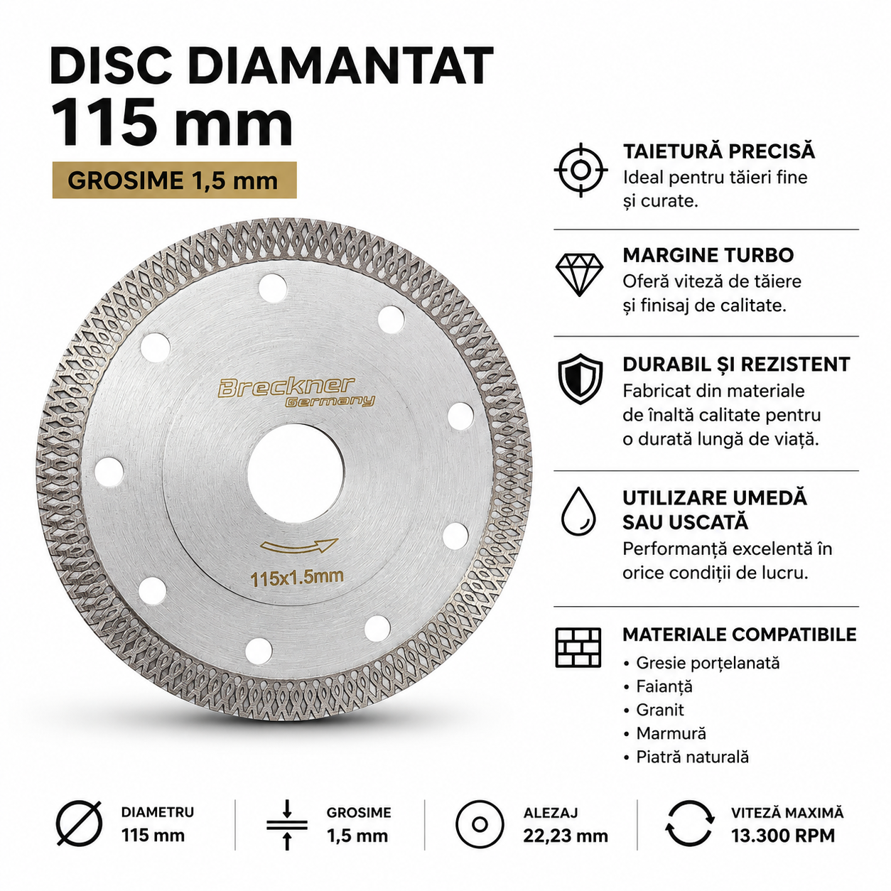 Disc Diamantat Turbo 115 x 1,5 mm – Tăiere Fină pentru Gresie Porțelanată, Granit și Marmură