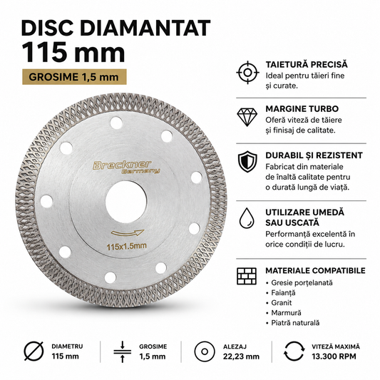 Disc Diamantat Turbo 115 x 1,5 mm – Tăiere Fină pentru Gresie Porțelanată, Granit și Marmură